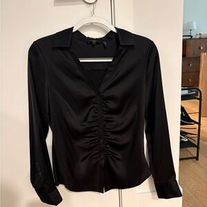 Theory NWOT Silky Black Ruched Front Long-Sleeve Blouse